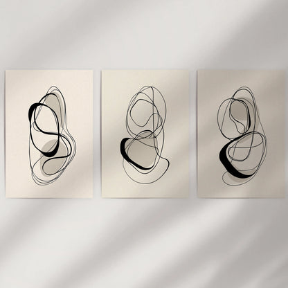 Minimalist contour sketches, wall art set of 3 unframed prints, ready to fill a blank wall with understated black-and-beige rhythm and balanced negative space.
