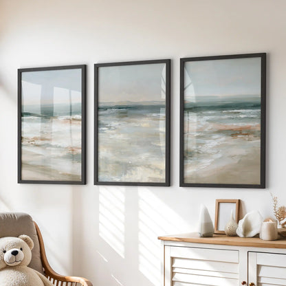 Three black-framed coastal prints make up this calm wall art set, bringing a gentle shoreline accent above the dresser in the kids room.