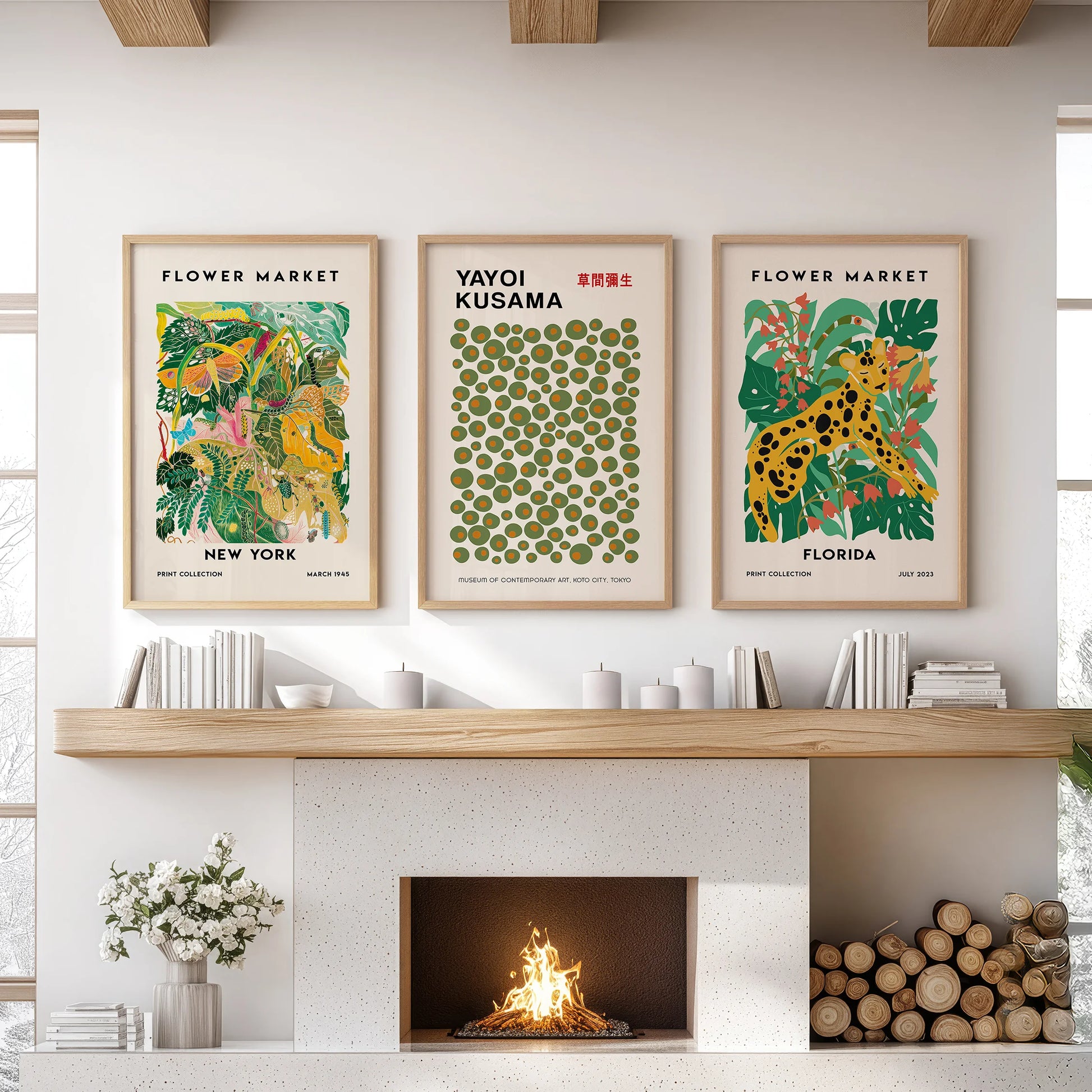 Three Flower Market prints framed in natural wood lighten the lounge mantel wall with relaxed, breezy color.