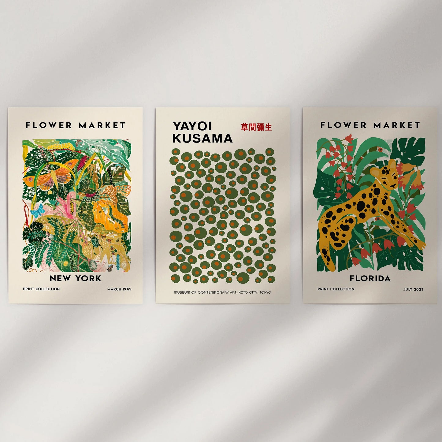 A Flower Market trio printed as loose wall art sheets leaves open space to frame or hang freely for an airy, mix-and-match look.