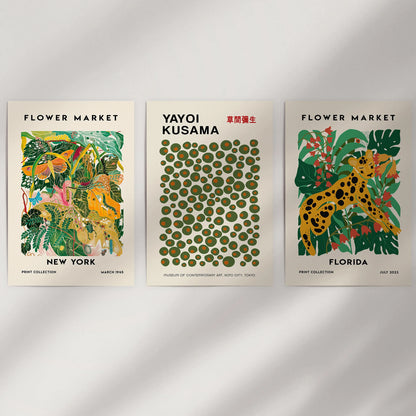 A Flower Market trio printed as loose wall art sheets leaves open space to frame or hang freely for an airy, mix-and-match look.
