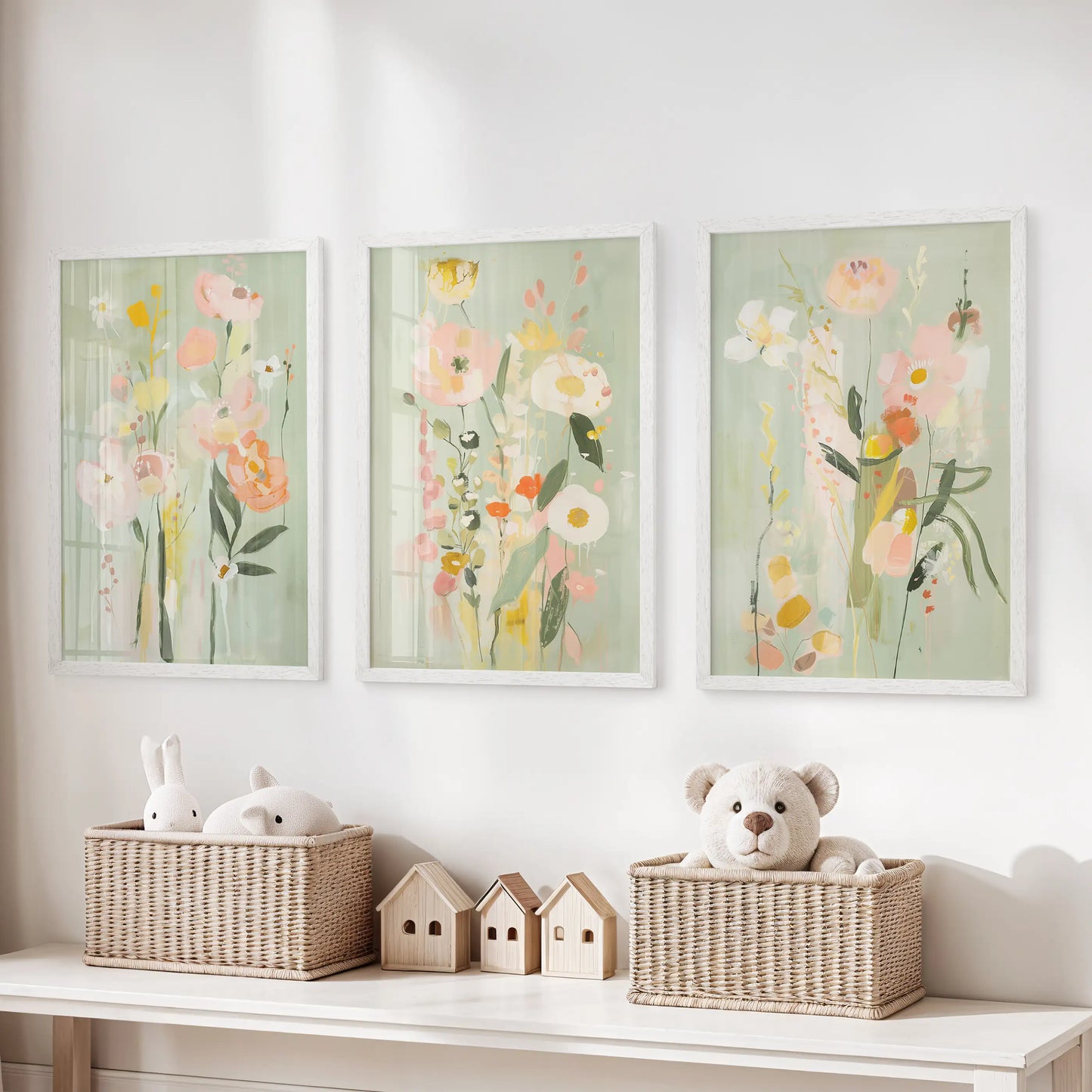 Colorful floral painting, a set of 3 wall art prints, is shown in white frames above the storage bench in the kids playroom.