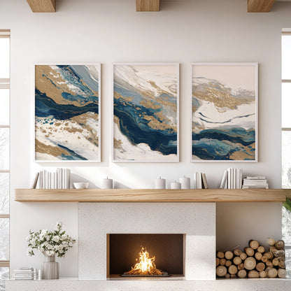 Elegant navy abstract brushwork, a three-piece artwork set, crowns the sitting room fireplace in white frames, creating a poised, refined focal point.