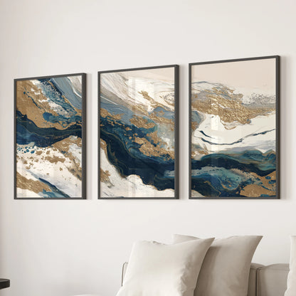 Three minimalist abstract prints form a coordinated wall decor set behind the living room sofa, framed in matte black for a clean, contemporary finish.