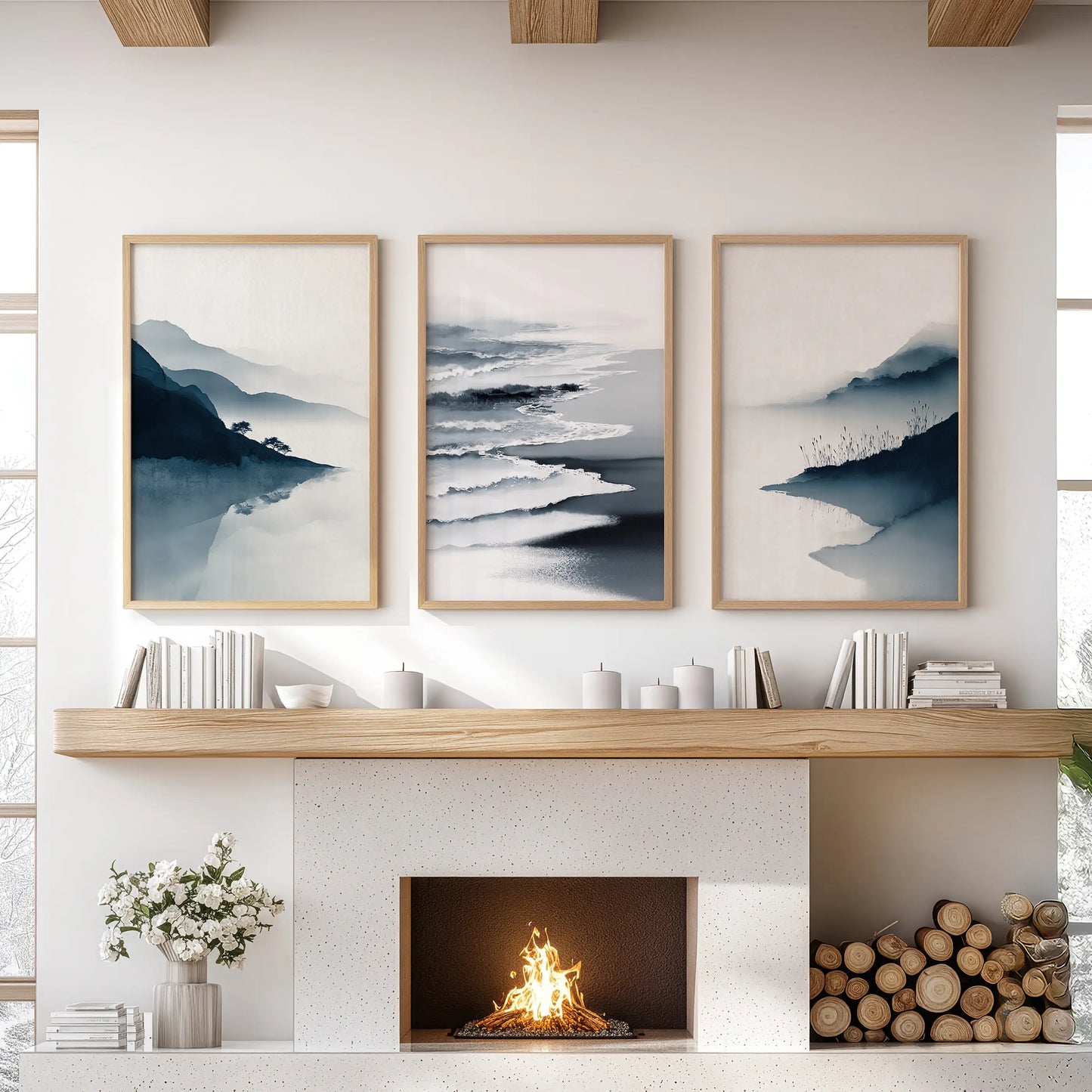 Blue beach panorama prints, in a three-print wall art set, sit over the mantelpiece in the sitting room with natural wood frames.