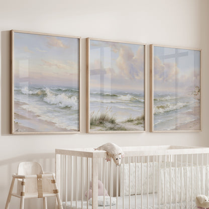 Beach Landscape Set of 3 Wall Decor. Serene Ocean Waves Prints