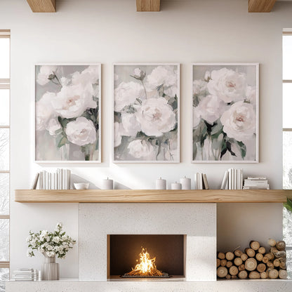 Peony bouquet botanicals in a 3-piece picture set, white-framed wall art resting over the living room mantel to add soft, cottagecore romance.