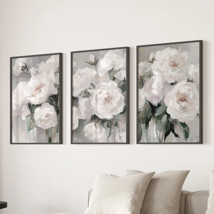 This 3-piece floral print set, framed in black, grounds the sitting room above the sectional with cottagecore warmth and vintage brushwork.