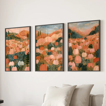 This three-panel wall art triptych depicts a cottagecore harvest scene in crisp black frames above the family-room sectional sofa.