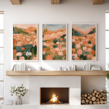 A three-panel wall art triptych of a farmhouse fall landscape fills white frames, adding rustic warmth above the living-room mantel.