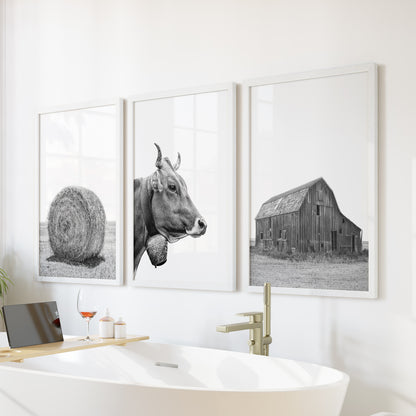 Farmhouse Art Set of 3. Vintage Barn, Cow, Hay Bale Landscape