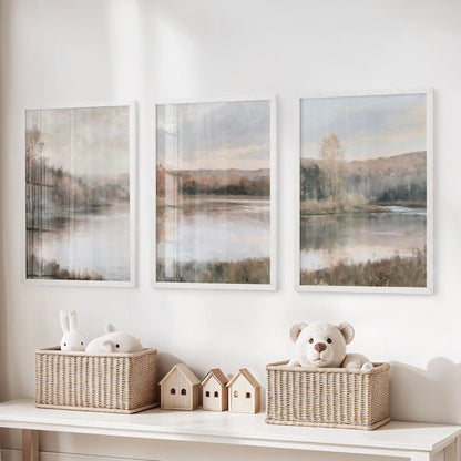 A trio of wall decor pieces with soft impressionist fall vistas floats above the playroom toy organizer in slim white frames, adding calm color.