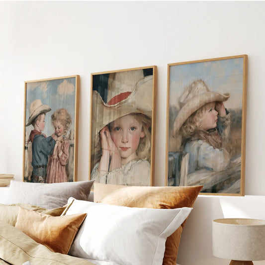 Vintage horse art three-piece picture set in light wood frames rides above the bedroom headboard, bringing gentle motion and sand-warm tones.
