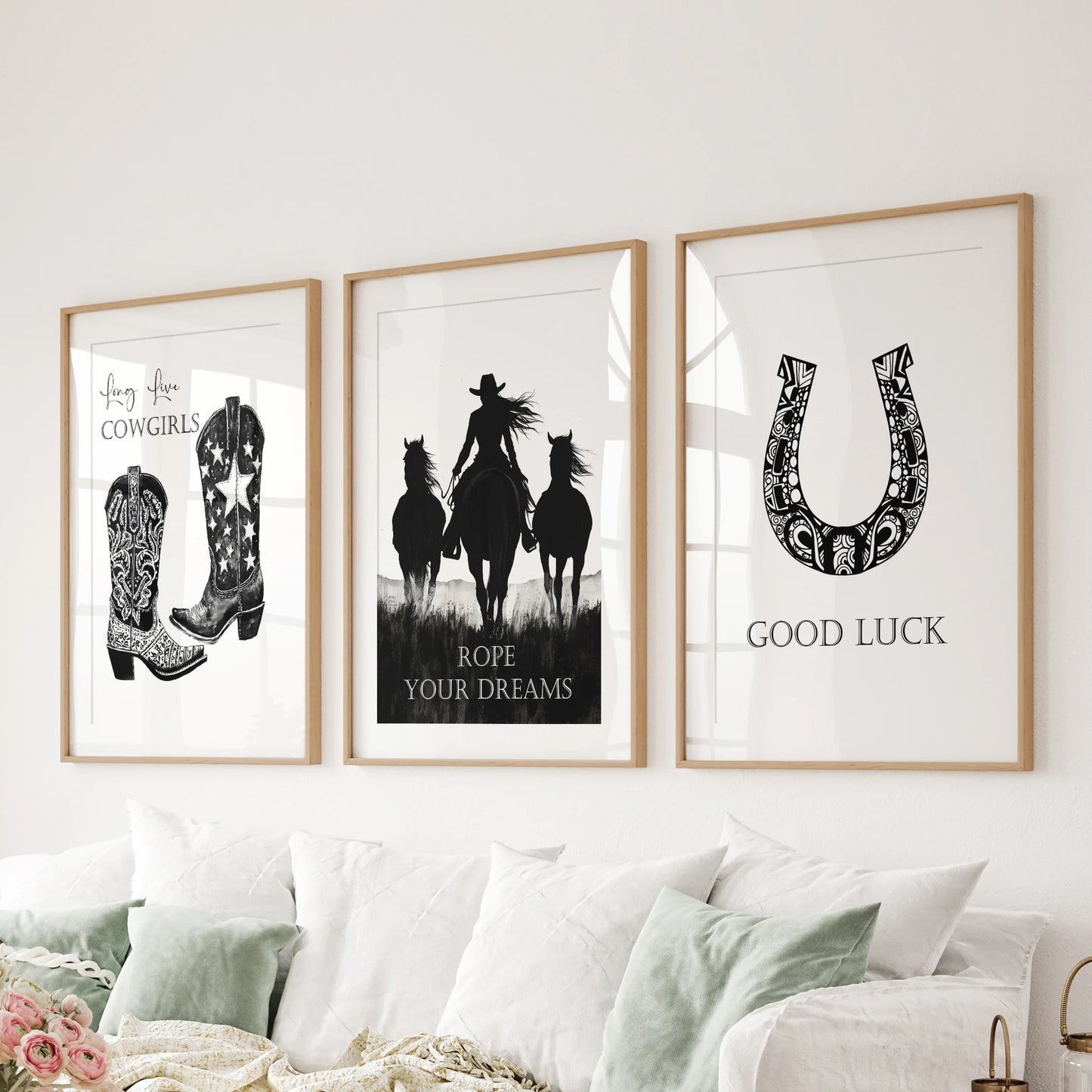 Cowgirl slogan prints, a 3-print wall set, come matted in oak frames and lift the sitting room over the sofa with a crisp, empowering Western note.