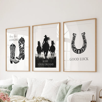 Cowgirl slogan prints, a 3-print wall set, come matted in oak frames and lift the sitting room over the sofa with a crisp, empowering Western note.