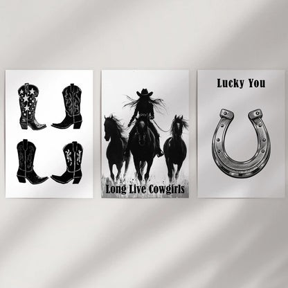 A trio of unframed Southwestern cowgirl prints gives a clean wall flexible style, easy to mix or rearrange across Western interiors.
