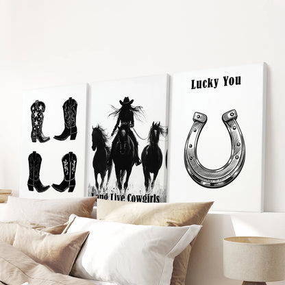 A three-canvas wall art set of cowgirl-lifestyle scenes rests above the headboard, wrapping the bedroom in soft Southwestern ease.