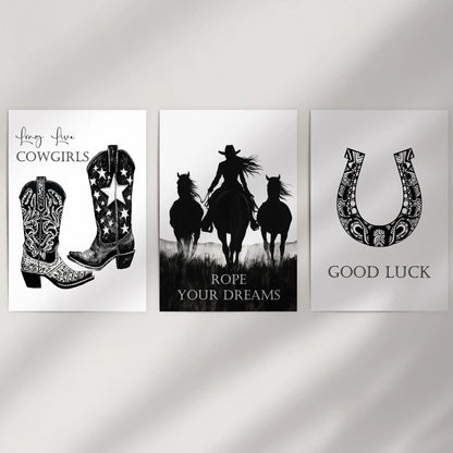 A set of three unframed Texas-inspired graphic prints lines a plain wall, their bold designs adding clean Southwestern edge to the decor.