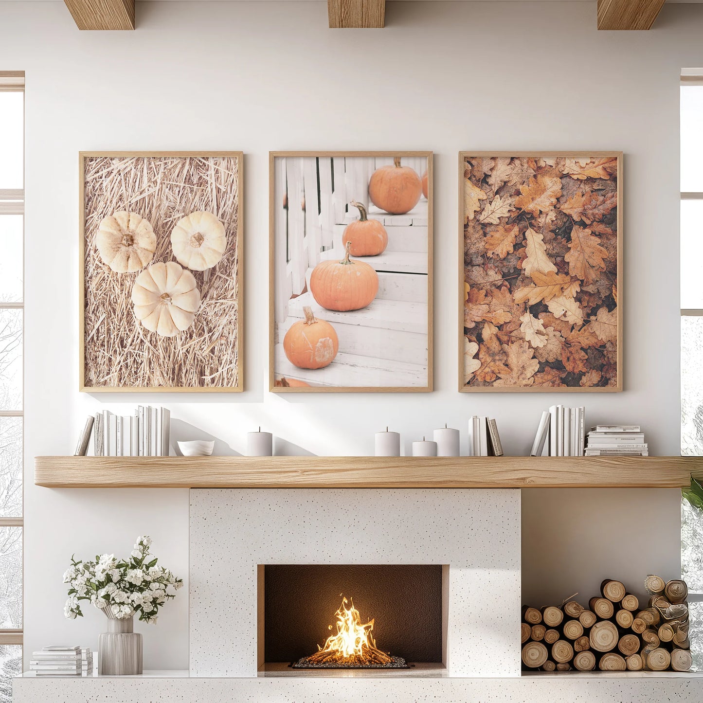 Pumpkin triptych, a set of three large wall art pieces in oak frames, anchors the space above the family-room hearth with warm, seasonal imagery.