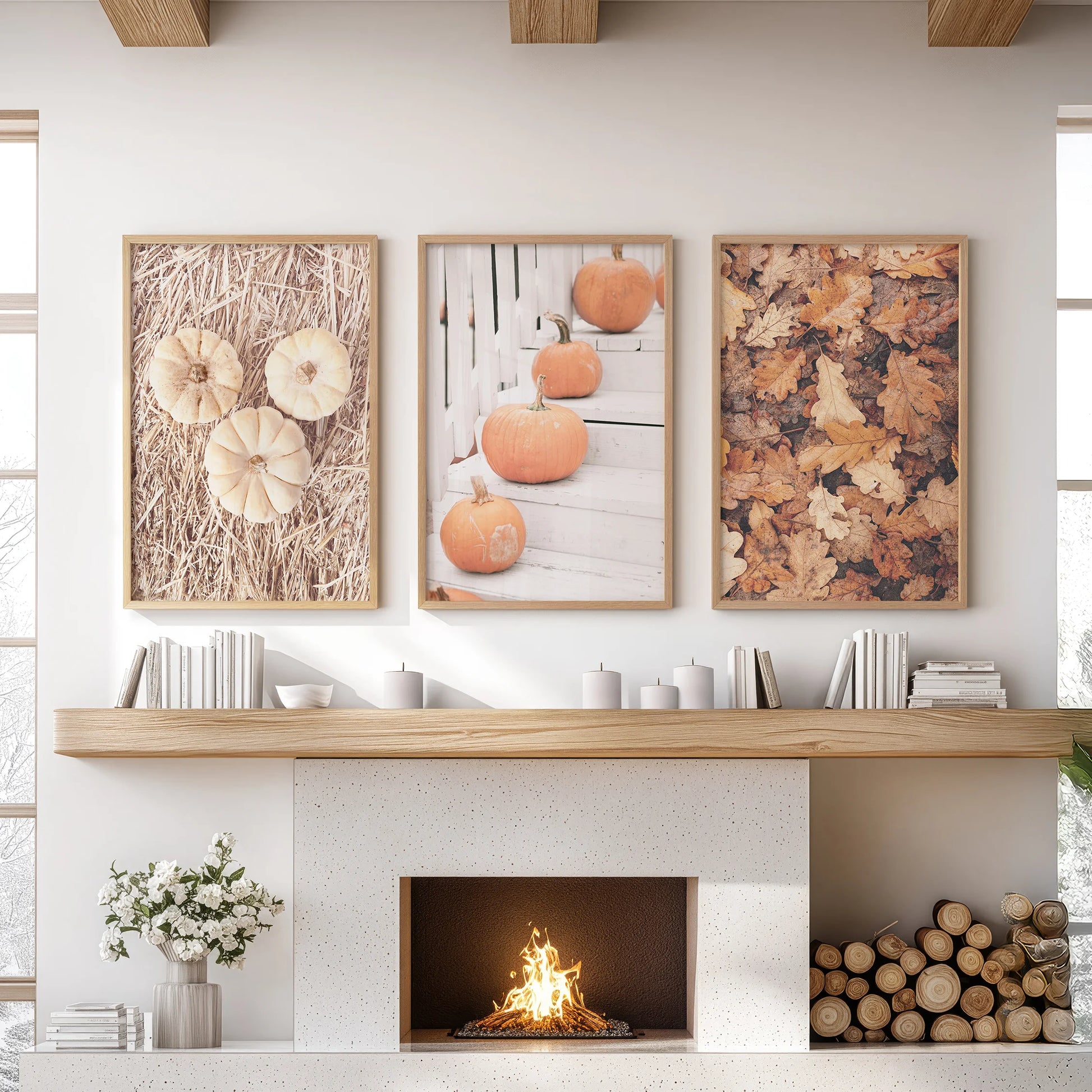 Pumpkin triptych, a set of three large wall art pieces in oak frames, anchors the space above the family-room hearth with warm, seasonal imagery.