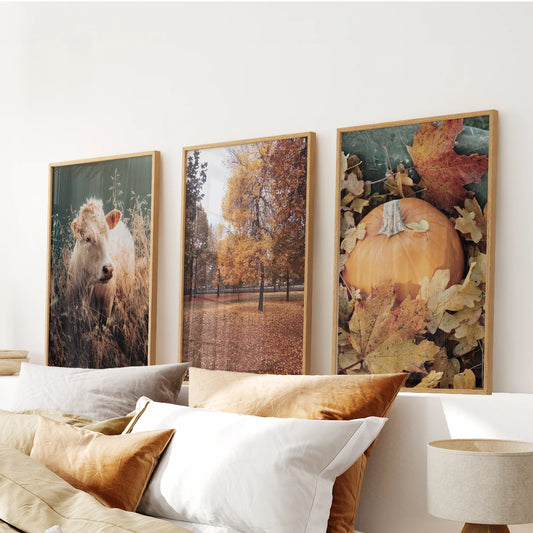 Seasonal botanical art, a set of three wall decor for the bedroom in warm oak frames, centers over the bed and brings a gentle autumn touch.