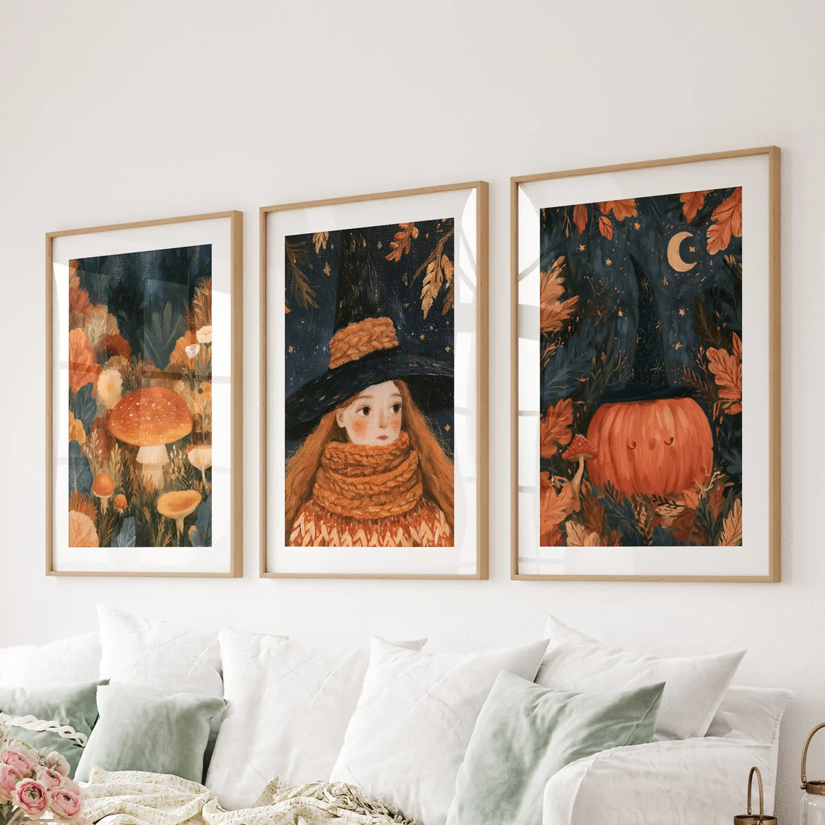 Three moody fall woodland wall prints complete the lounge above the couch, matted and framed in warm wood for cozy, layered texture.
