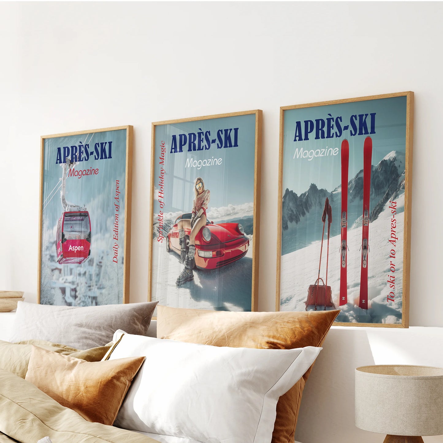 Cozy snow lodge bar scene in a set of three art prints sits above the bed's headboard, warm in oak frames with buttery tones and candlelit glow.