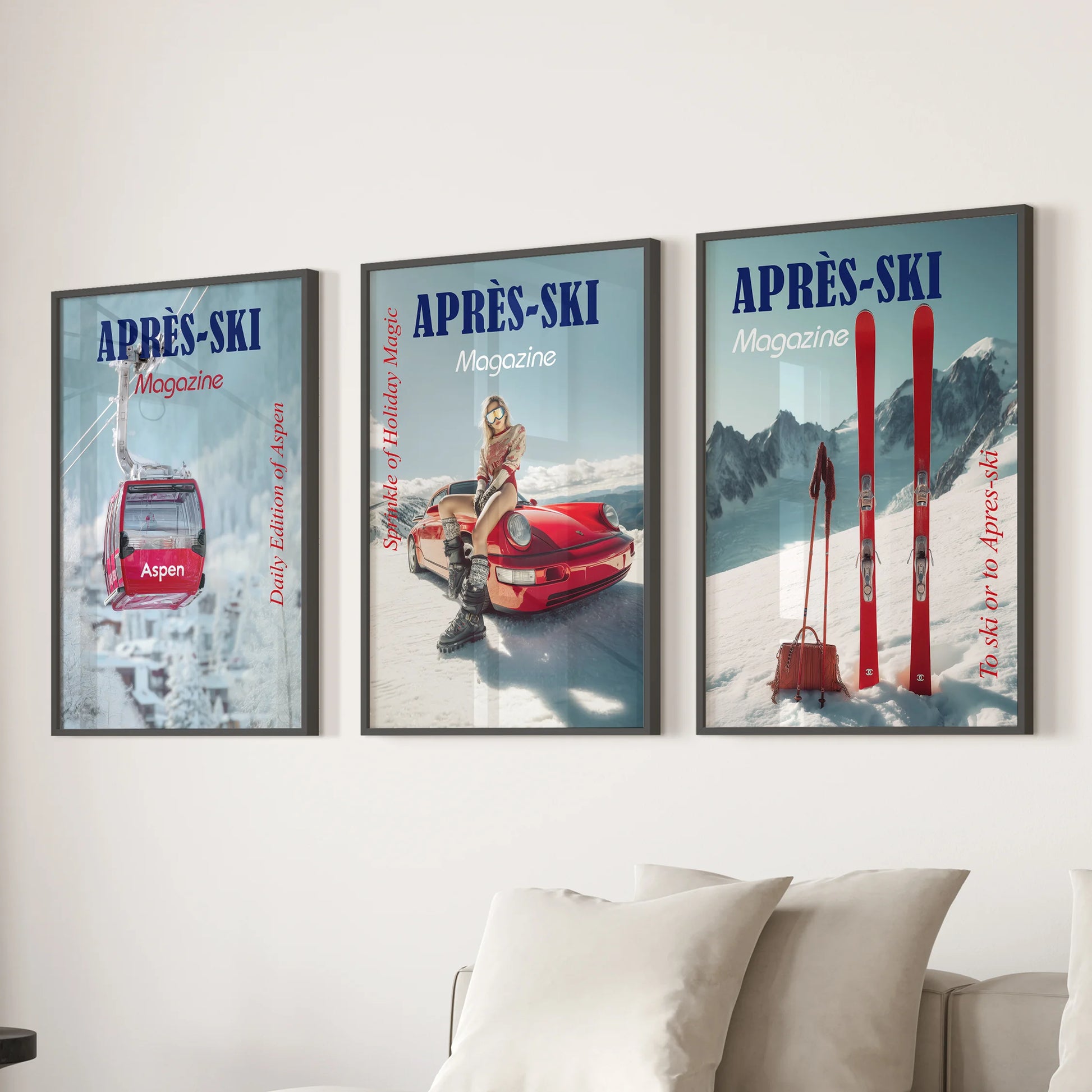 Ski lift and mountain slopes in three black-framed art prints bring vintage ski art to the lounge, hanging above the sofa with crisp, wintry lines.