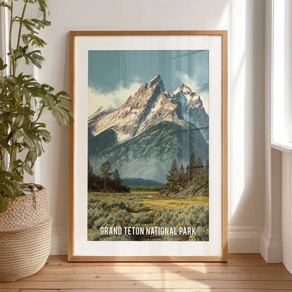 Alpine valley and pine forest wall illustration in a black mat frame stands on the bedroom floor by the window, a bold, retro nod to trail days and open air.