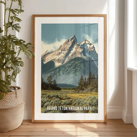 Alpine valley and pine forest wall illustration in a black mat frame stands on the bedroom floor by the window, a bold, retro nod to trail days and open air.