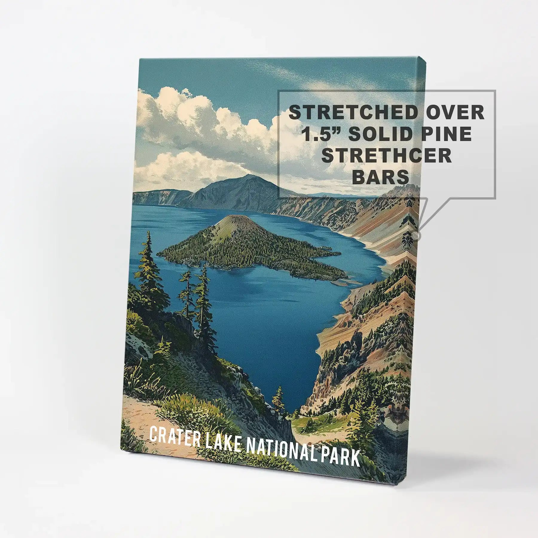 Oregon national park scenery, gallery wall print on canvas, showcases Crater Lake’s sapphire water and rugged rim, a statement-ready piece for a bright wall.
