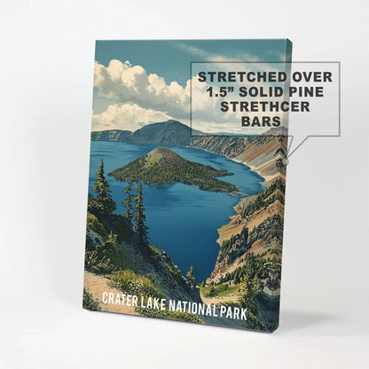 Oregon national park scenery, gallery wall print on canvas, showcases Crater Lake’s sapphire water and rugged rim, a statement-ready piece for a bright wall.