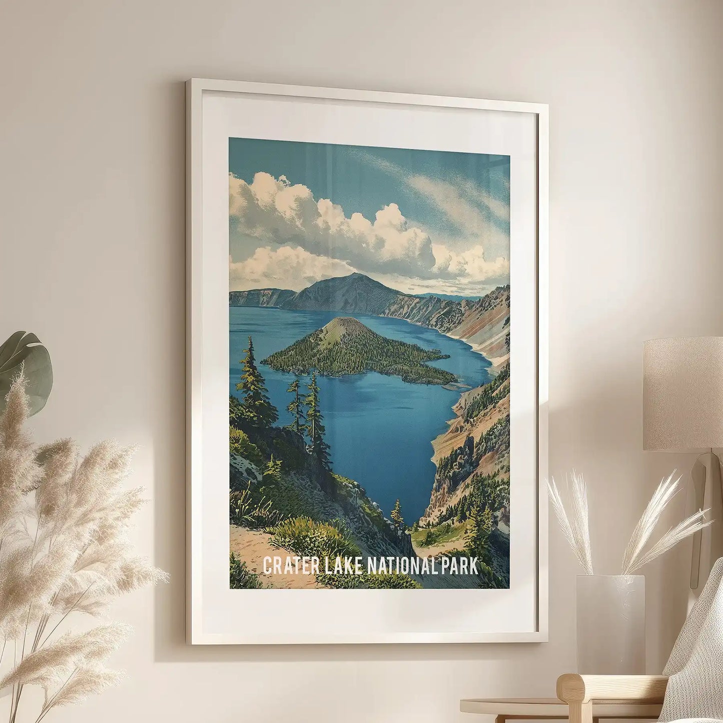 An illustration wall print of the Mount Mazama rim hangs over the family-room lounge in a white matted frame, recalling vintage park-map lines and contours.