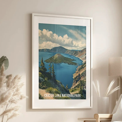 An illustration wall print of the Mount Mazama rim hangs over the family-room lounge in a white matted frame, recalling vintage park-map lines and contours.
