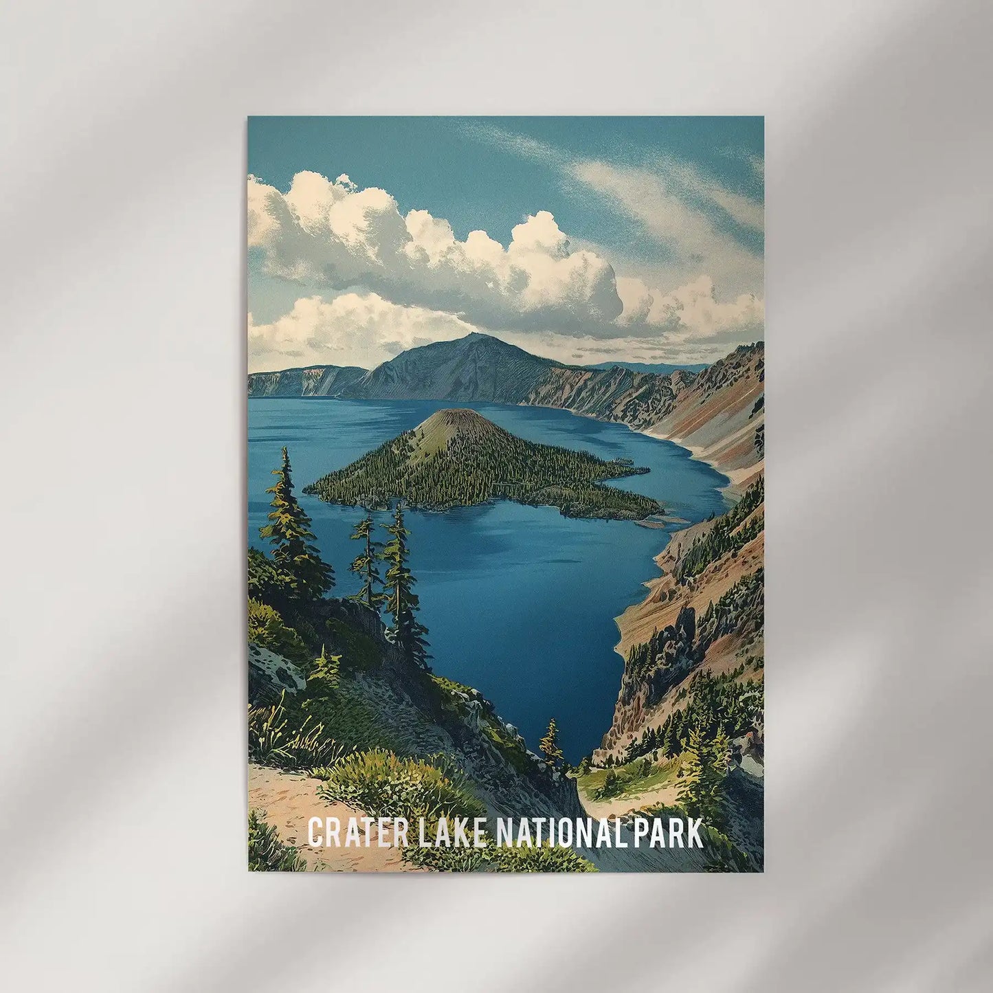 A loose gallery art print shows the volcanic lake’s rim and luminous water, ready to mount on a neutral wall for a calm panoramic accent.