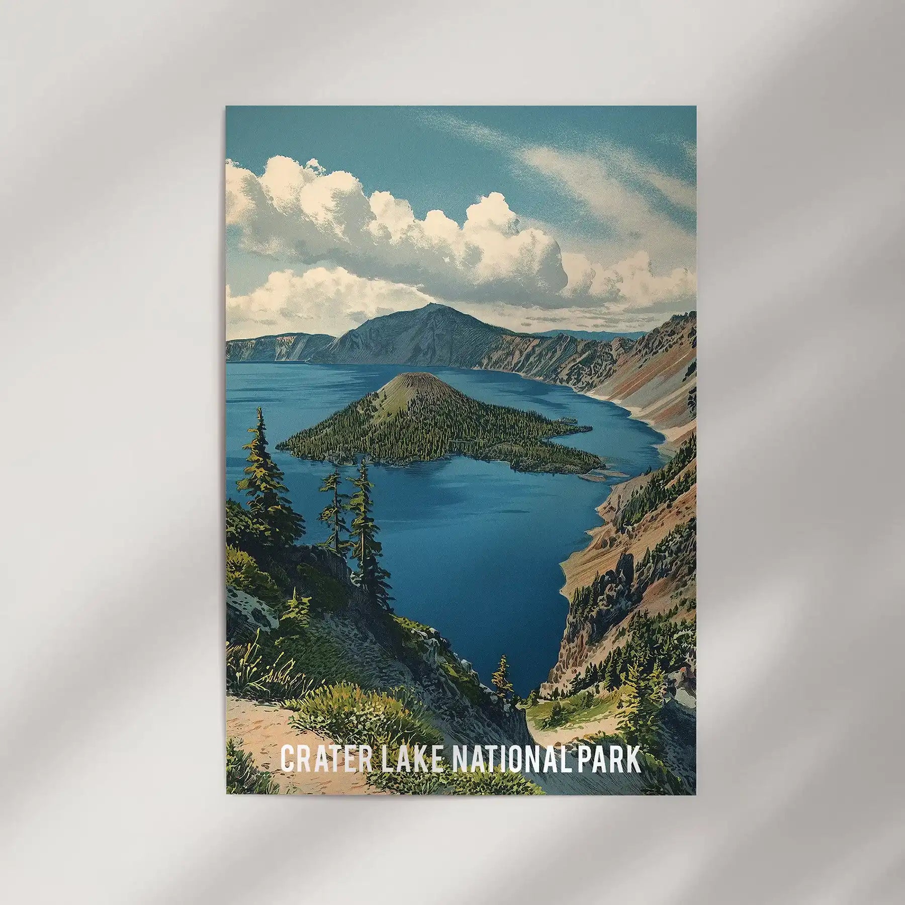A loose gallery art print shows the volcanic lake’s rim and luminous water, ready to mount on a neutral wall for a calm panoramic accent.