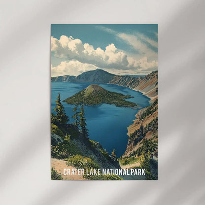 A loose gallery art print shows the volcanic lake’s rim and luminous water, ready to mount on a neutral wall for a calm panoramic accent.