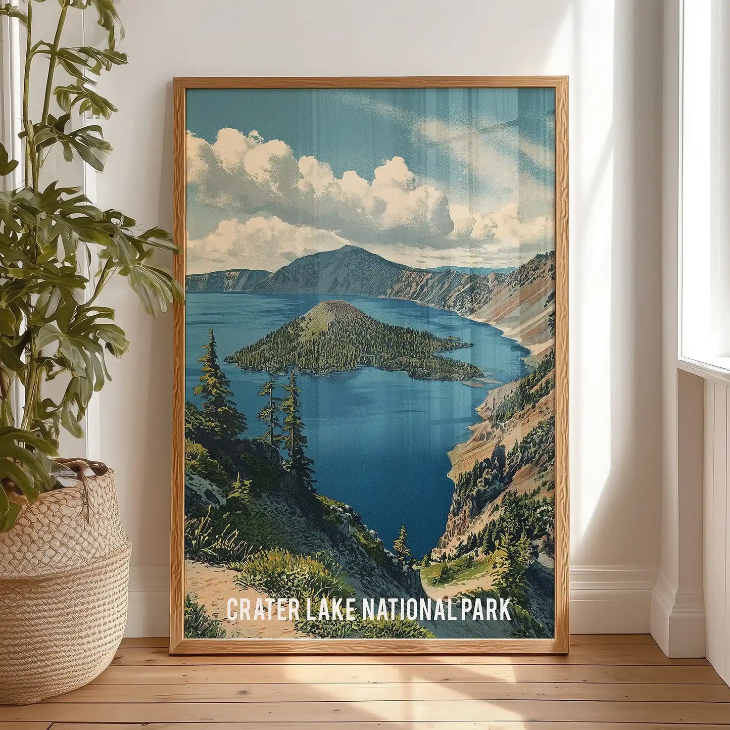 Volcanic mountain lake landscape, one-piece wall art print, leans against the bedroom wall in a warm natural wood frame, its glassy blues calming the room.