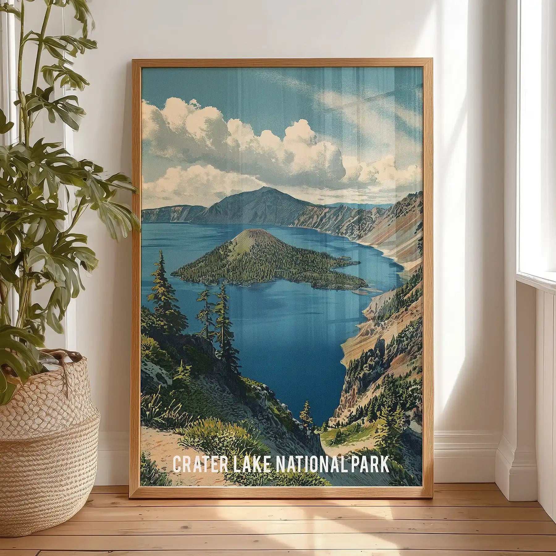 Volcanic mountain lake landscape, one-piece wall art print, leans against the bedroom wall in a warm natural wood frame, its glassy blues calming the room.
