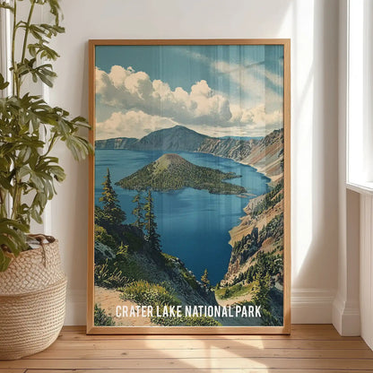 Volcanic mountain lake landscape, one-piece wall art print, leans against the bedroom wall in a warm natural wood frame, its glassy blues calming the room.