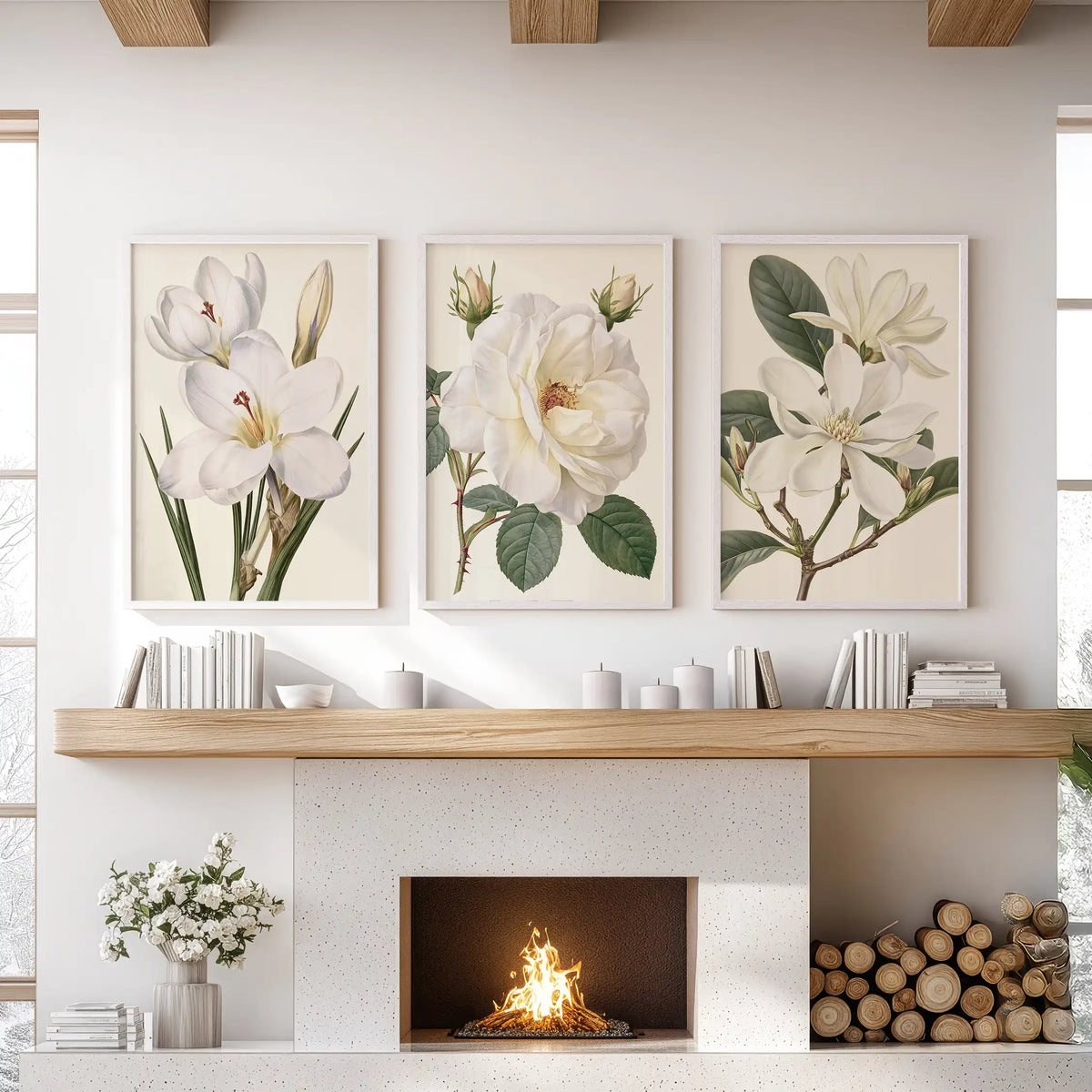 A rose and other white blossoms appear in three white-framed prints above a fireplace.