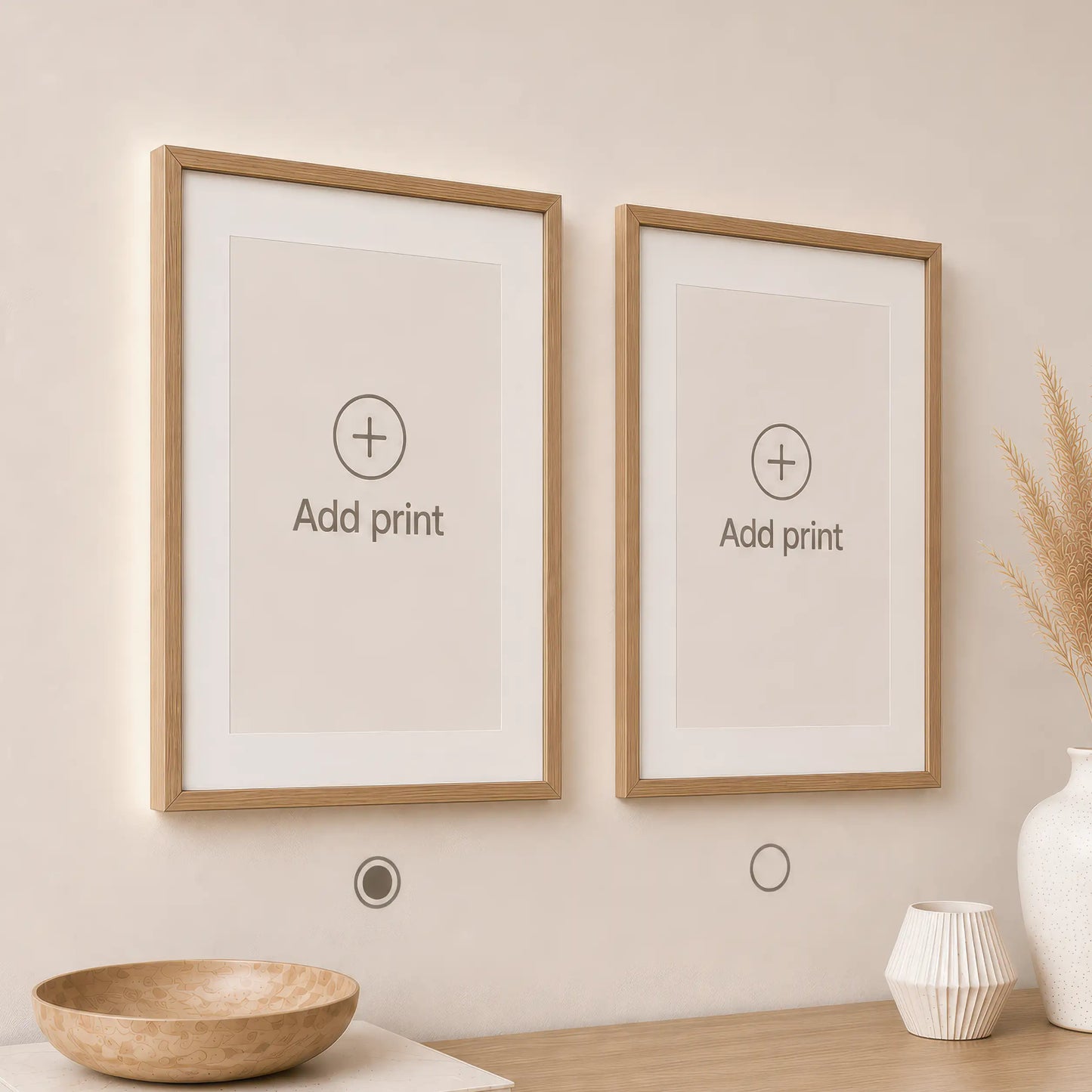 Two natural oak picture frames showing an interactive wall art builder for creating a custom matching gallery wall.