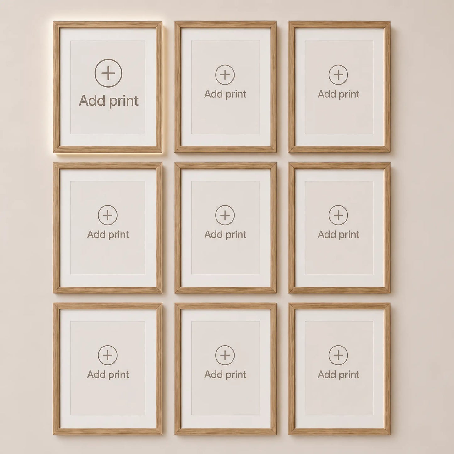 Gallery wall builder with nine empty natural wood frames in a balanced 3×3 layout. Create a personalized wall art collection by adding your own print designs.
