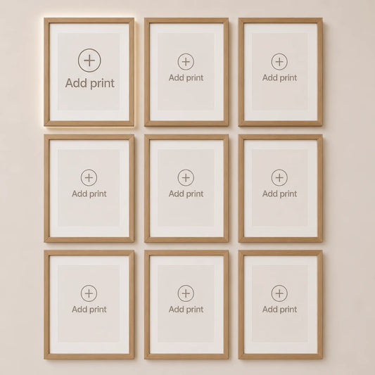 Gallery wall builder with nine empty natural wood frames in a balanced 3×3 layout. Create a personalized wall art collection by adding your own print designs.