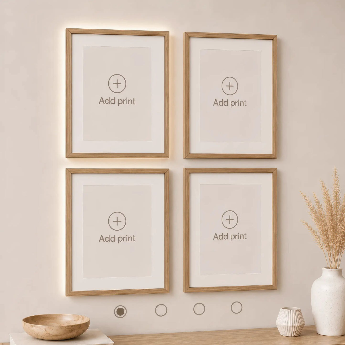 Interactive wall art builder preview showing four empty natural wood frames arranged in a 2×2 gallery layout. Customize your own wall art set by adding prints to each frame.