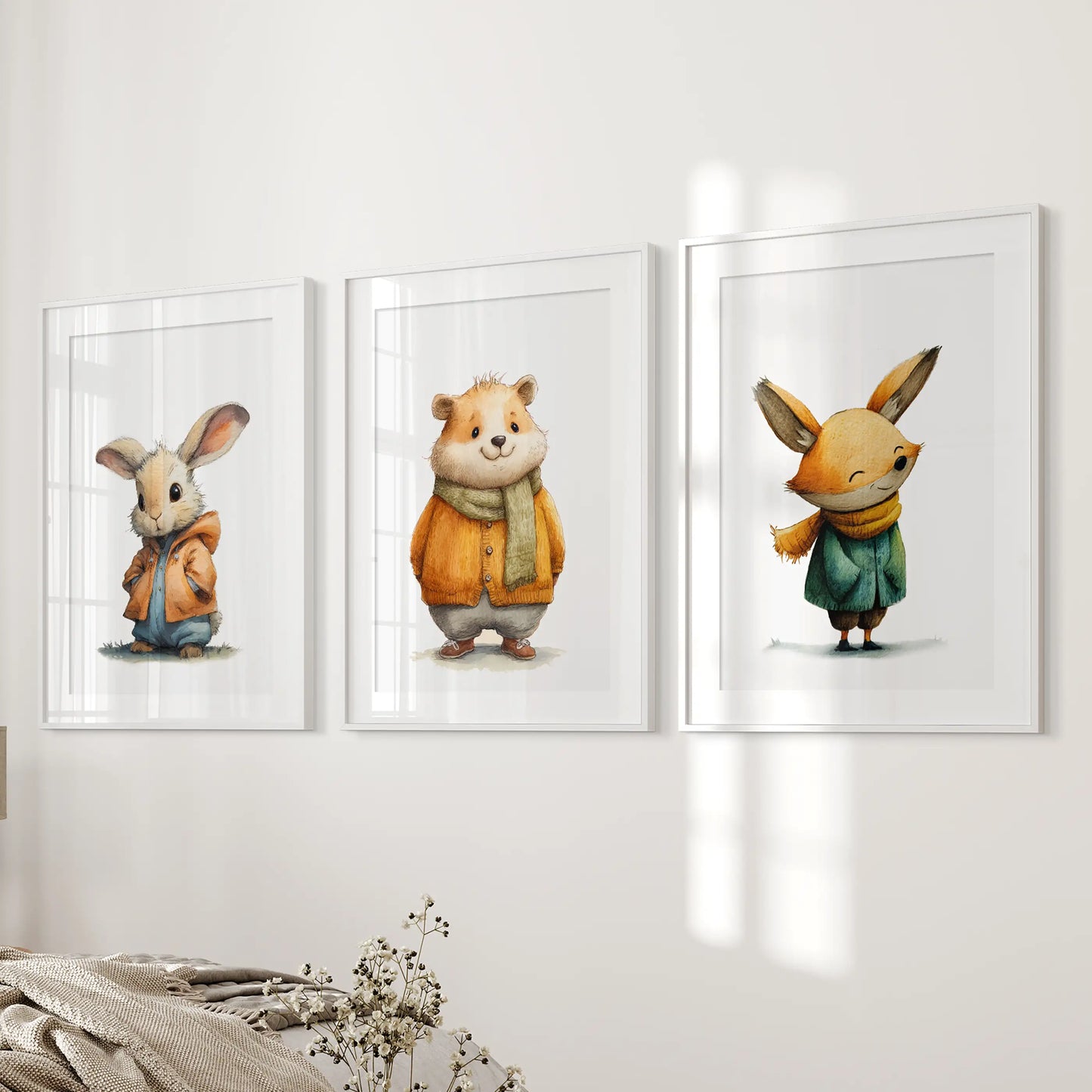 Nursery animal trio print set of 3 in white mats and frames brings gentle character to the bedroom, perched along the bedside wall.