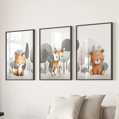 A trio of framed wall prints-fox, fawn, and teddy bear portraits in black frames-adds a soft woodland touch above the lounge sofa.