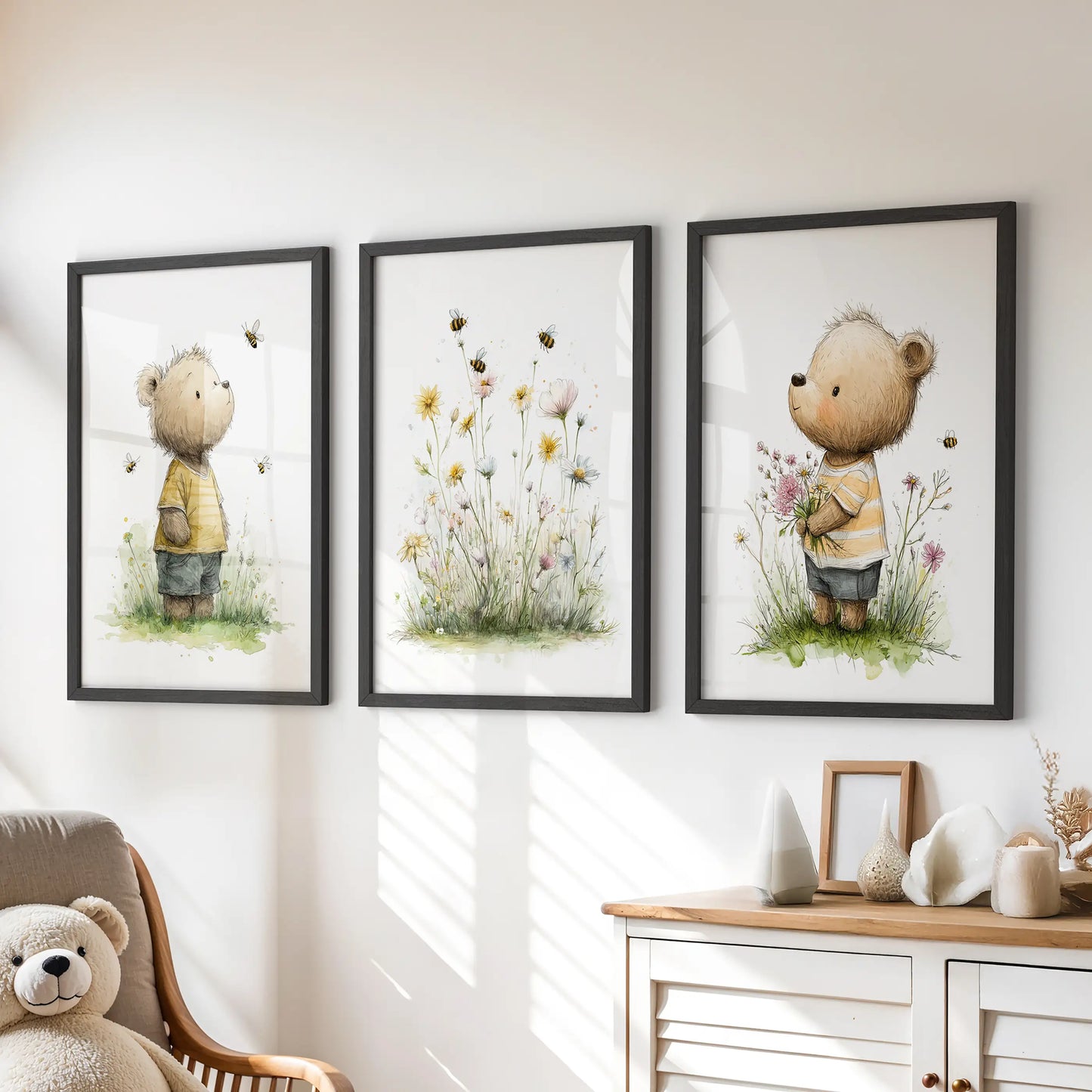 Watercolor floral baby animals, a three-piece wall art set, suits a kids playroom with black frames and hangs neatly above the chest of drawers.