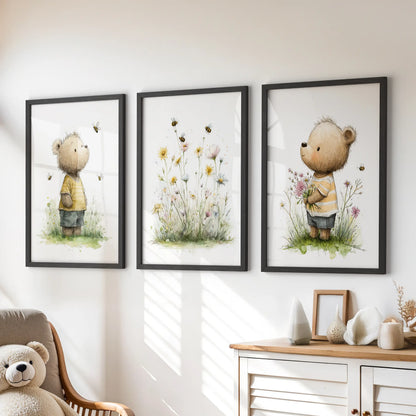 Watercolor floral baby animals, a three-piece wall art set, suits a kids playroom with black frames and hangs neatly above the chest of drawers.