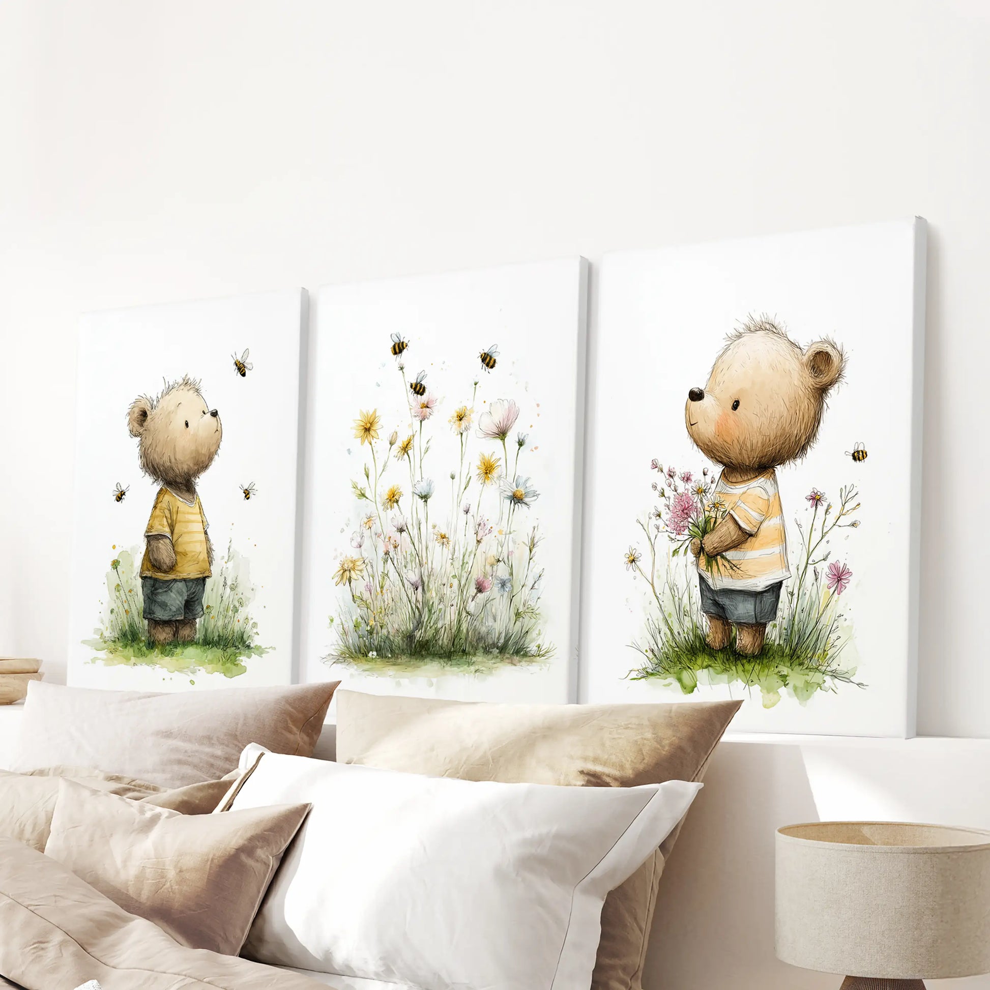 Baby teddy bears with florals, three-piece canvas wall art, arrive as wrapped canvases for the bedroom and hang as a trio over the headboard.